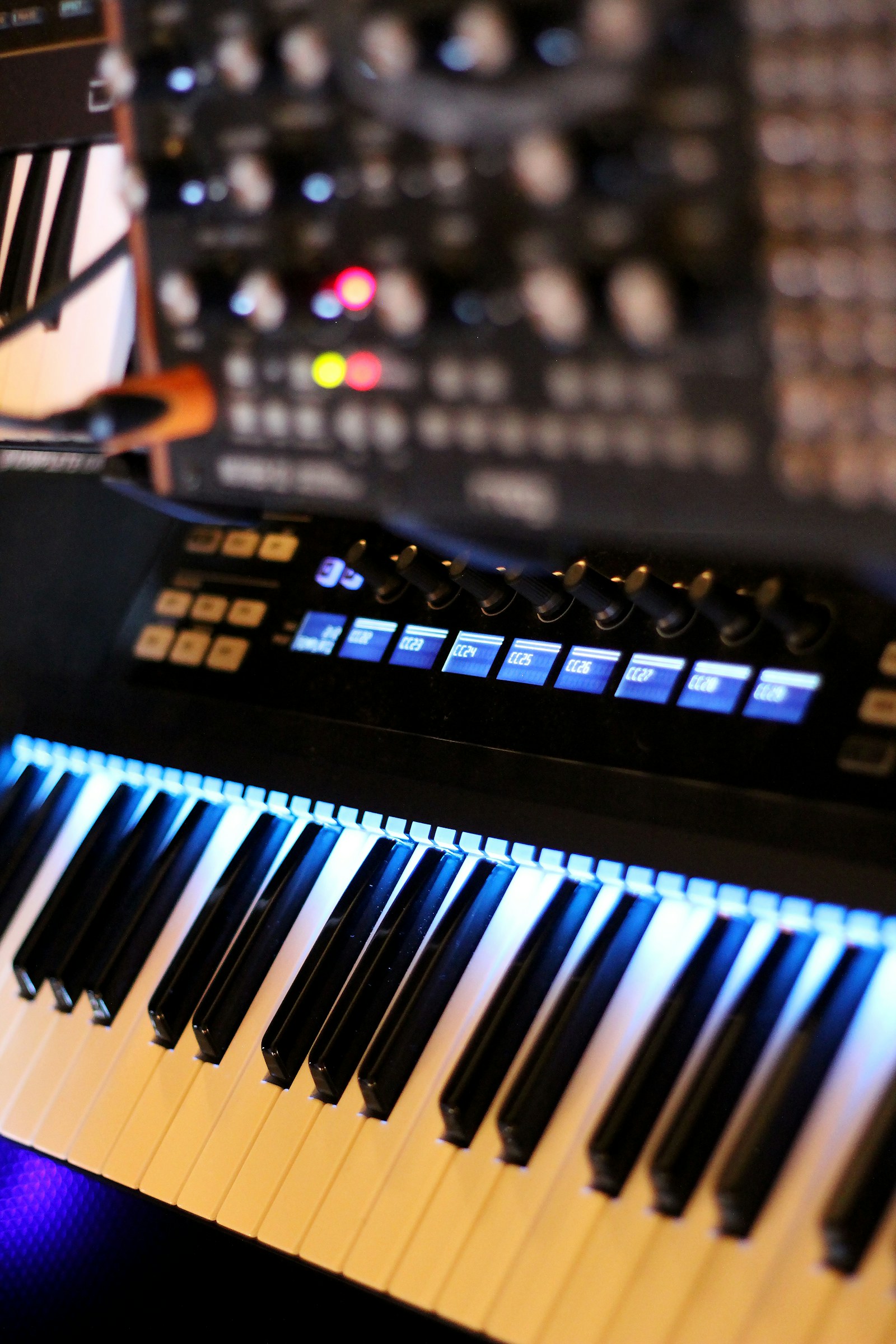 Close-up of piano keys in a music studio